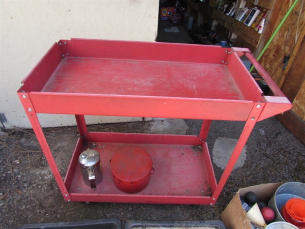 ROLLING SHOP CART W/DRAIN PANS, FUNNELS & MORE