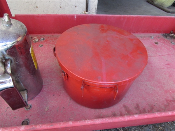 ROLLING SHOP CART W/DRAIN PANS, FUNNELS & MORE