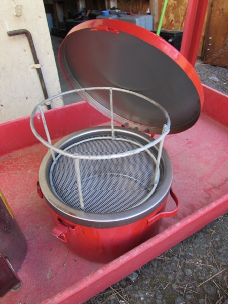 ROLLING SHOP CART W/DRAIN PANS, FUNNELS & MORE