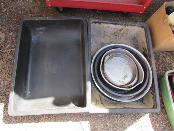 ROLLING SHOP CART W/DRAIN PANS, FUNNELS & MORE