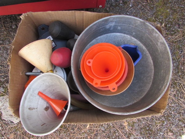 ROLLING SHOP CART W/DRAIN PANS, FUNNELS & MORE