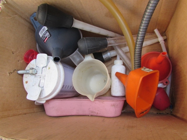 ROLLING SHOP CART W/DRAIN PANS, FUNNELS & MORE