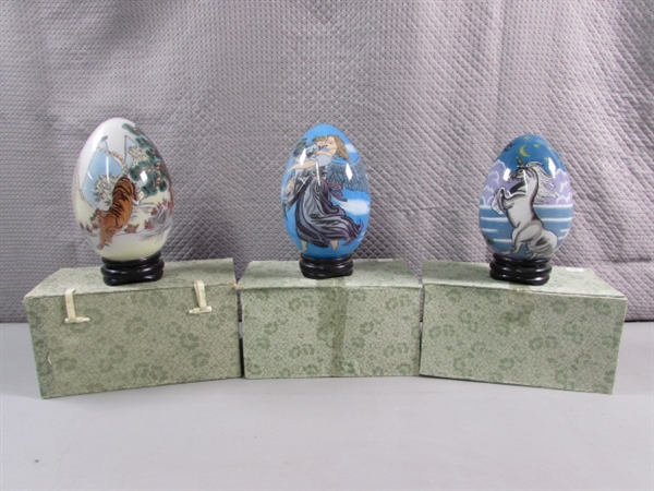HAND PAINTED GLASS EGGS WITH BASES