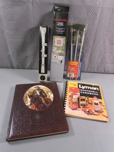 RIFLE SCOPE, TARGET HOLDER, BOOKS & MORE