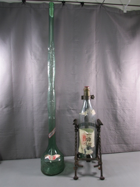 WROUGHT IRON WINE BOTTLE HOLDER/POURER & TALL ITALIAN BOTTLE