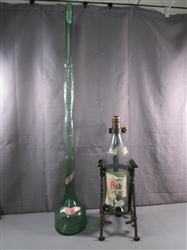 WROUGHT IRON WINE BOTTLE HOLDER/POURER & TALL ITALIAN BOTTLE