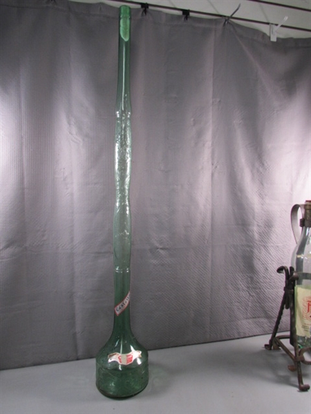 WROUGHT IRON WINE BOTTLE HOLDER/POURER & TALL ITALIAN BOTTLE
