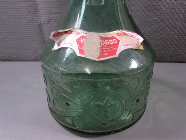 WROUGHT IRON WINE BOTTLE HOLDER/POURER & TALL ITALIAN BOTTLE