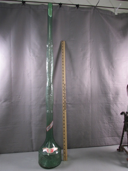 WROUGHT IRON WINE BOTTLE HOLDER/POURER & TALL ITALIAN BOTTLE