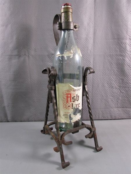 WROUGHT IRON WINE BOTTLE HOLDER/POURER & TALL ITALIAN BOTTLE