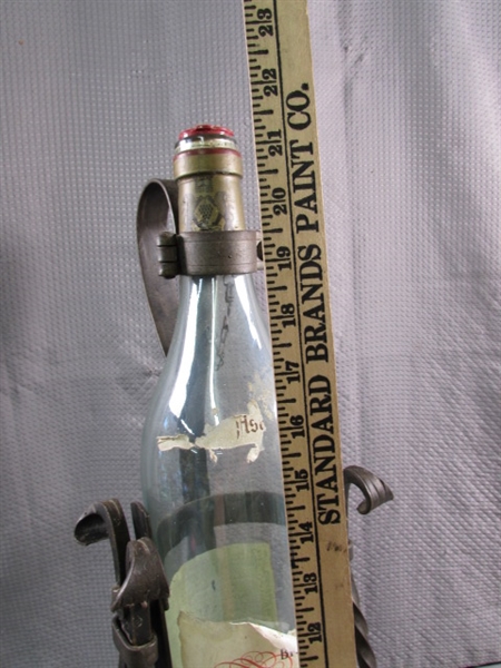 WROUGHT IRON WINE BOTTLE HOLDER/POURER & TALL ITALIAN BOTTLE