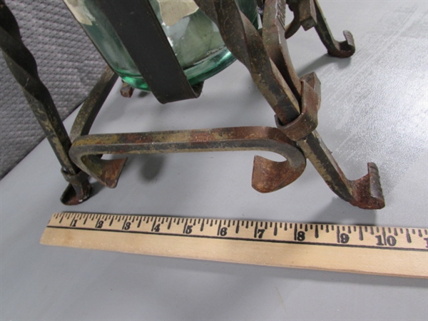 WROUGHT IRON WINE BOTTLE HOLDER/POURER & TALL ITALIAN BOTTLE