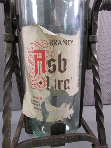 WROUGHT IRON WINE BOTTLE HOLDER/POURER & TALL ITALIAN BOTTLE