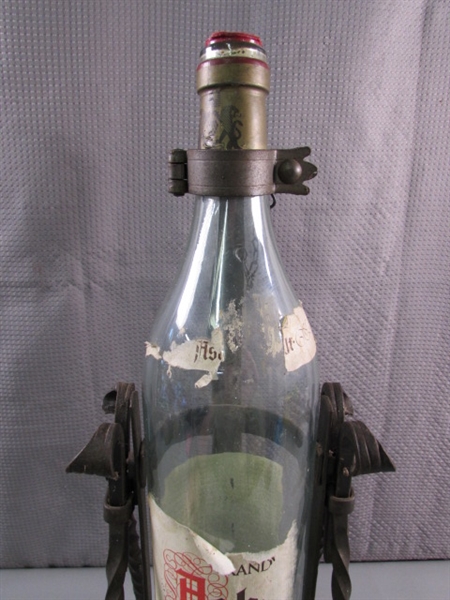 WROUGHT IRON WINE BOTTLE HOLDER/POURER & TALL ITALIAN BOTTLE