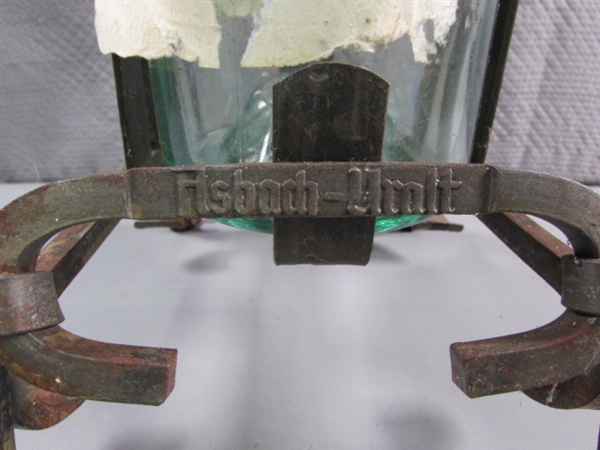 WROUGHT IRON WINE BOTTLE HOLDER/POURER & TALL ITALIAN BOTTLE