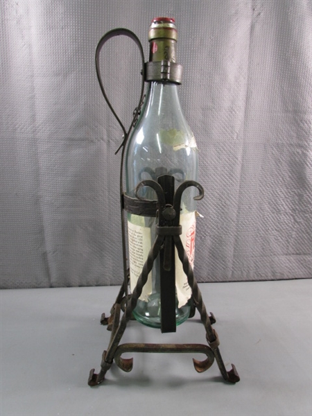 WROUGHT IRON WINE BOTTLE HOLDER/POURER & TALL ITALIAN BOTTLE