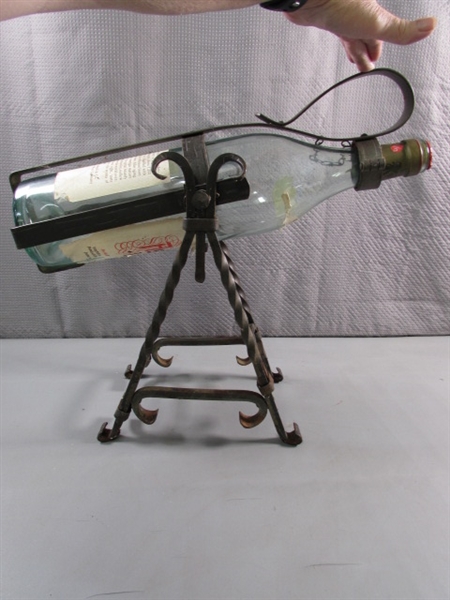 WROUGHT IRON WINE BOTTLE HOLDER/POURER & TALL ITALIAN BOTTLE