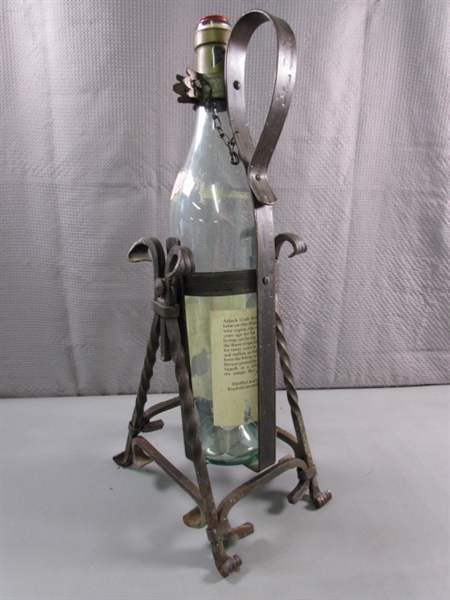 WROUGHT IRON WINE BOTTLE HOLDER/POURER & TALL ITALIAN BOTTLE