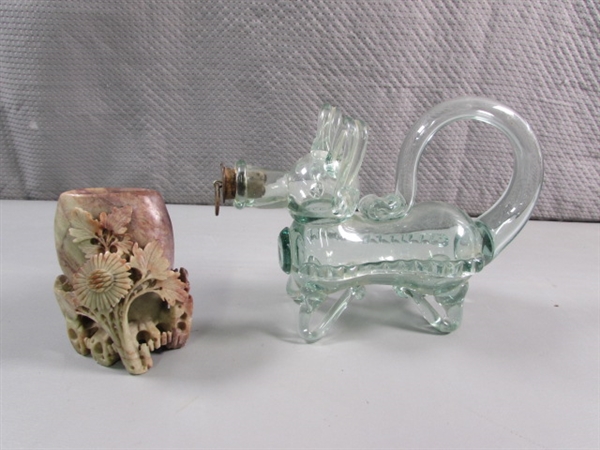 HAND BLOWN GLASS DECANTER & CARVED STONE VASE
