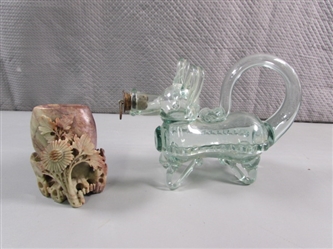 HAND BLOWN GLASS DECANTER & CARVED STONE VASE