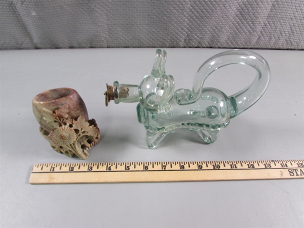HAND BLOWN GLASS DECANTER & CARVED STONE VASE