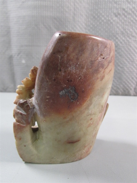 HAND BLOWN GLASS DECANTER & CARVED STONE VASE