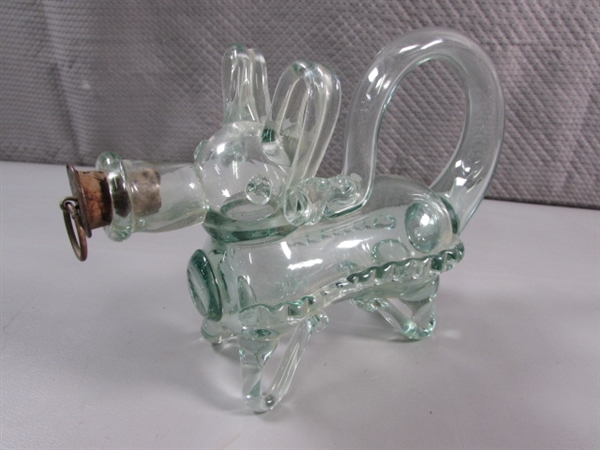 HAND BLOWN GLASS DECANTER & CARVED STONE VASE