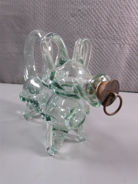 HAND BLOWN GLASS DECANTER & CARVED STONE VASE