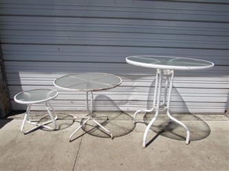 3 METAL & TEXTURED GLASS PATIO TABLES