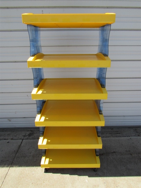 PLASTIC BANANA BOAT STORE DISPLAY SHELVES ON WHEELS