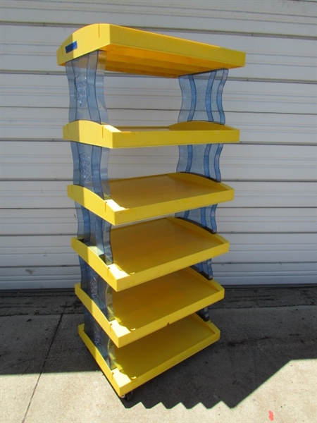 PLASTIC BANANA BOAT STORE DISPLAY SHELVES ON WHEELS