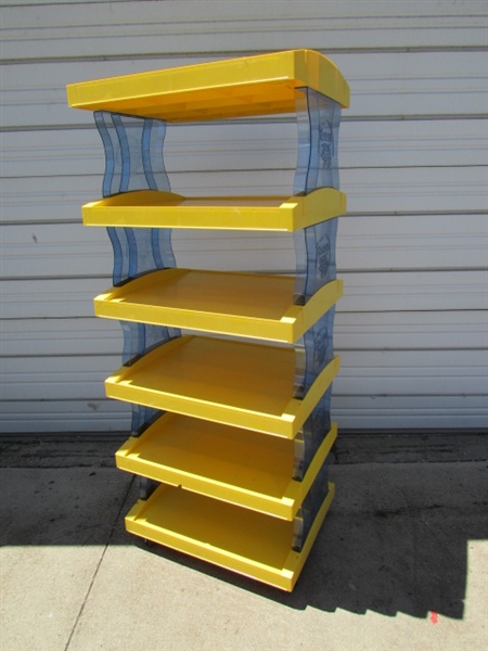PLASTIC BANANA BOAT STORE DISPLAY SHELVES ON WHEELS
