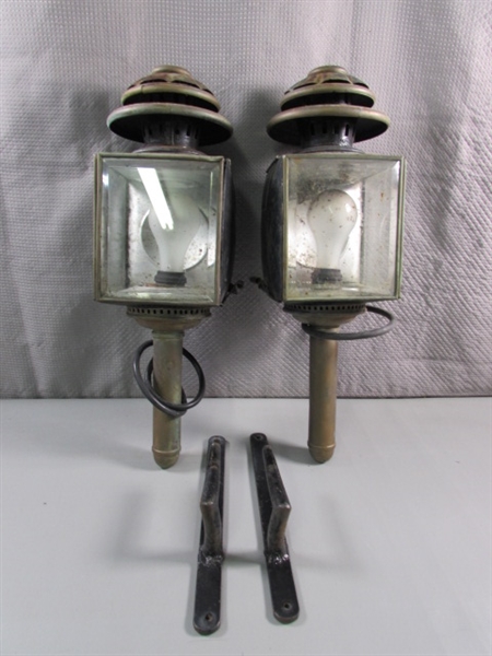 PAIR OF ANTIQUE ELECTRIFIED LANTERNS W/BRACKETS
