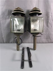 PAIR OF ANTIQUE "ELECTRIFIED" LANTERNS W/BRACKETS