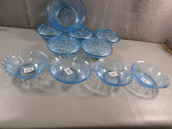 NEW LIGHT BLUE PRESSED GLASS BOWLS & CANDY DISHES W/LIDS