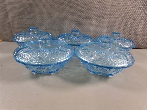 NEW LIGHT BLUE PRESSED GLASS BOWLS & CANDY DISHES W/LIDS