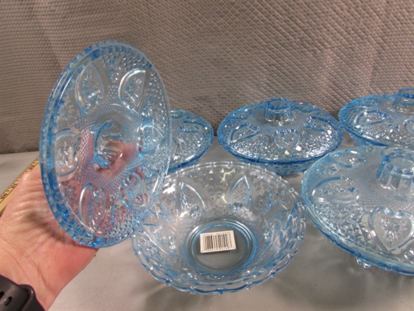 NEW LIGHT BLUE PRESSED GLASS BOWLS & CANDY DISHES W/LIDS