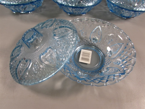 NEW LIGHT BLUE PRESSED GLASS BOWLS & CANDY DISHES W/LIDS
