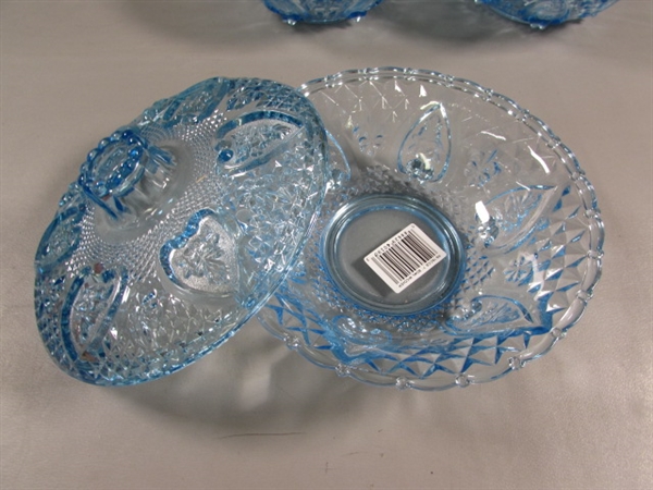 NEW LIGHT BLUE PRESSED GLASS BOWLS & CANDY DISHES W/LIDS