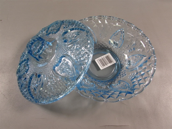 NEW LIGHT BLUE PRESSED GLASS BOWLS & CANDY DISHES W/LIDS