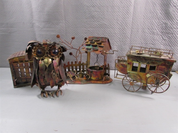 VINTAGE COPPER BRUTALIST OWL SCULPTURE & 3 COPPER MUSIC BOXES