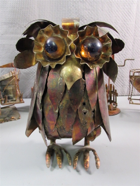 VINTAGE COPPER BRUTALIST OWL SCULPTURE & 3 COPPER MUSIC BOXES