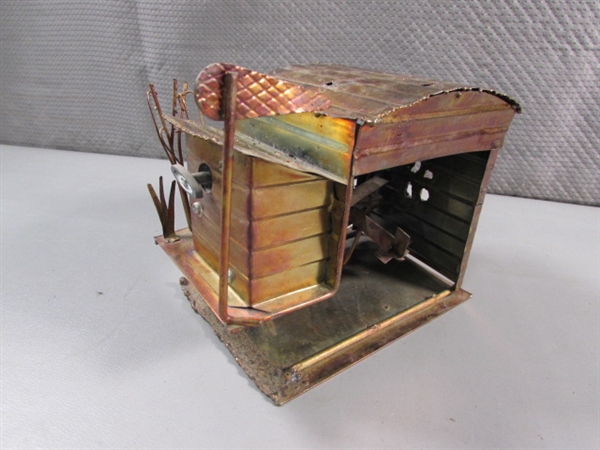 VINTAGE COPPER BRUTALIST OWL SCULPTURE & 3 COPPER MUSIC BOXES