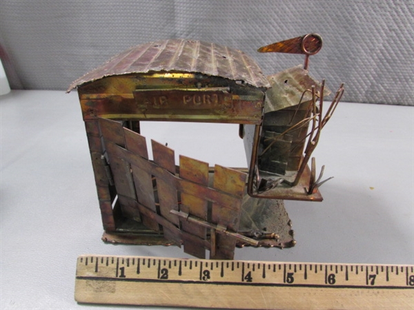 VINTAGE COPPER BRUTALIST OWL SCULPTURE & 3 COPPER MUSIC BOXES