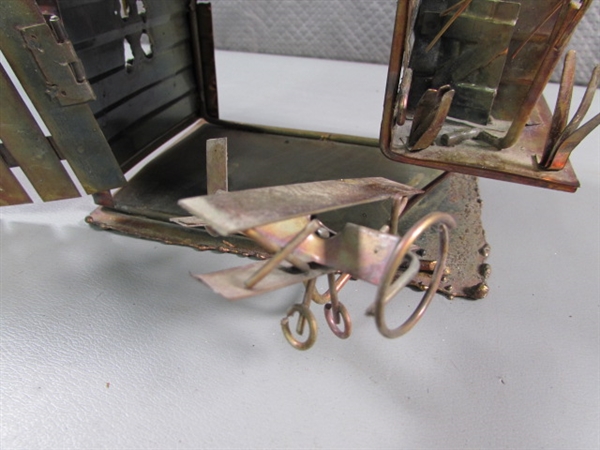 VINTAGE COPPER BRUTALIST OWL SCULPTURE & 3 COPPER MUSIC BOXES