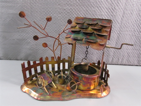 VINTAGE COPPER BRUTALIST OWL SCULPTURE & 3 COPPER MUSIC BOXES