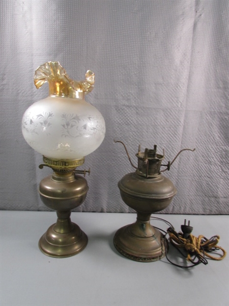 ANTIQUE ENGLISH BRASS OIL LAMP W/FRENCH SHADE & VTG ELECTRIFIED OIL LAMP - NO SHADE