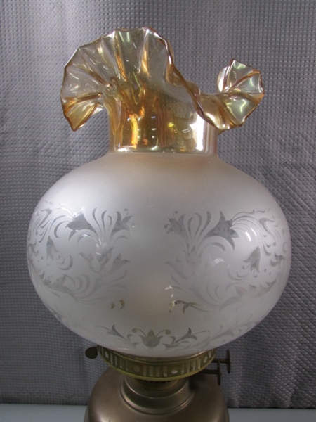 ANTIQUE ENGLISH BRASS OIL LAMP W/FRENCH SHADE & VTG ELECTRIFIED OIL LAMP - NO SHADE