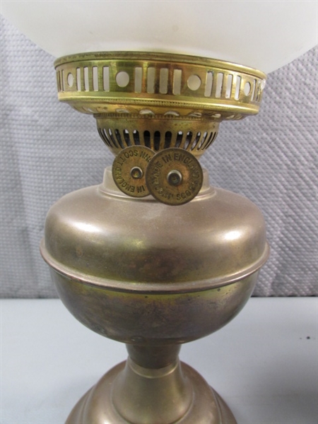 ANTIQUE ENGLISH BRASS OIL LAMP W/FRENCH SHADE & VTG ELECTRIFIED OIL LAMP - NO SHADE
