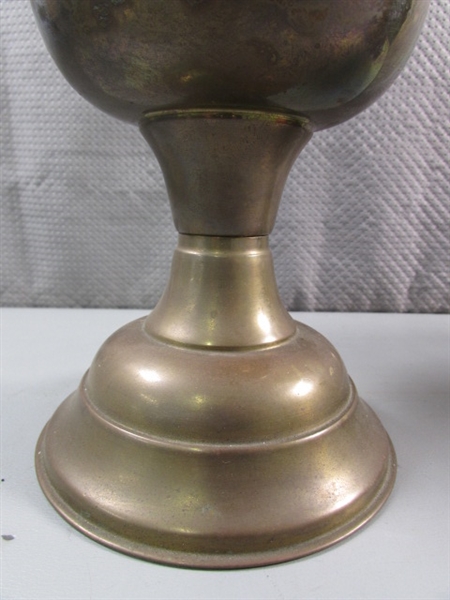 ANTIQUE ENGLISH BRASS OIL LAMP W/FRENCH SHADE & VTG ELECTRIFIED OIL LAMP - NO SHADE